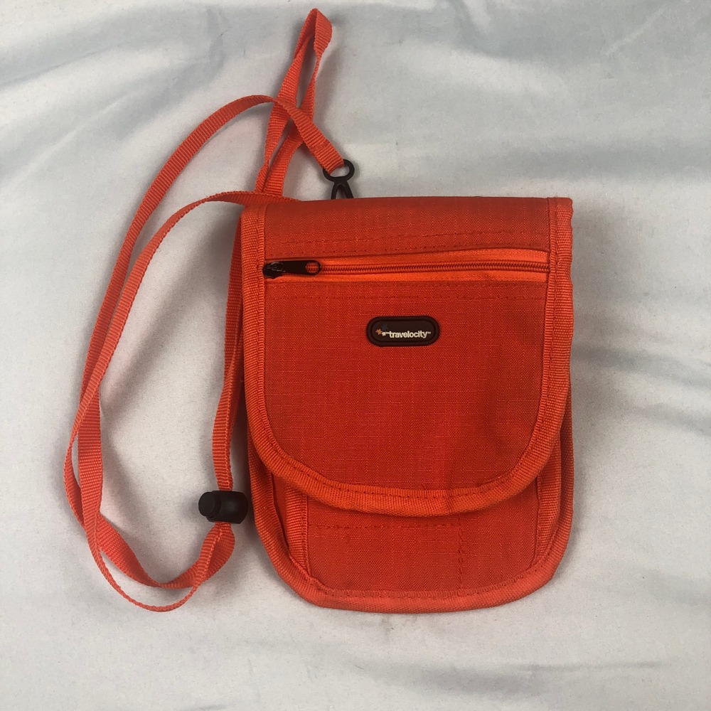 Travelocity Orange Canvas Travel Neck Wallet Passport Holder Pouch Belt Loop